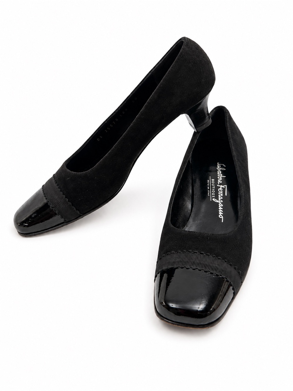 Salvatore Ferragamo Boutique Black Suede Patent Cap Toe Pumps 5.5